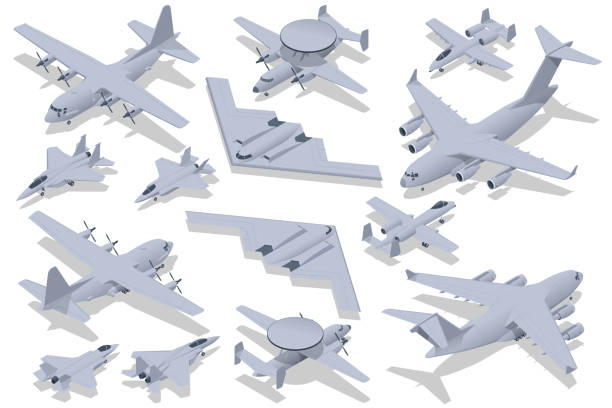 ilustrações de stock, clip art, desenhos animados e ícones de isometric set of military aviation air force. attack aircraft, stealth strategic heavy bomber, strategic and tactical airlifter, military aviation. strategic and tactical airlifter - fighter plane aerospace industry air air vehicle