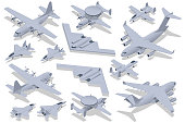istock Isometric set of Military Aviation Air Force. attack aircraft, Stealth Strategic heavy Bomber, Strategic and tactical airlifter, Military Aviation. Strategic and tactical airlifter 1463482544