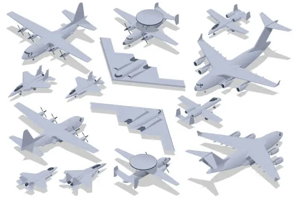 Vector illustration of Isometric set of Military Aviation Air Force. attack aircraft, Stealth Strategic heavy Bomber, Strategic and tactical airlifter, Military Aviation. Strategic and tactical airlifter