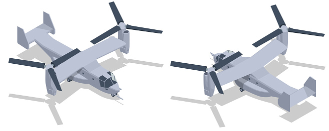Isometric United States Air Force V-22B Osprey tiltrotor military aircraft. Tiltrotor for military operations. Military transport aircraft.