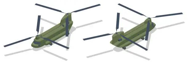 Vector illustration of Isometric Chinook is a tandem-rotor helicopter developed. Chinook is a heavy-lift helicopter that is among the heaviest-lifting Western helicopters.