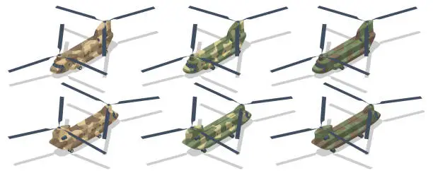 Vector illustration of Isometric Chinook is a tandem-rotor helicopter developed. Chinook is a heavy-lift helicopter that is among the heaviest-lifting Western helicopters.