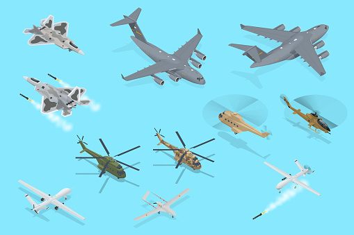Isometric Military Aviation Air Force Set collection. Modern military jet for heavy cargo. Transport helicopter. Military airplane at flying. Military air transport