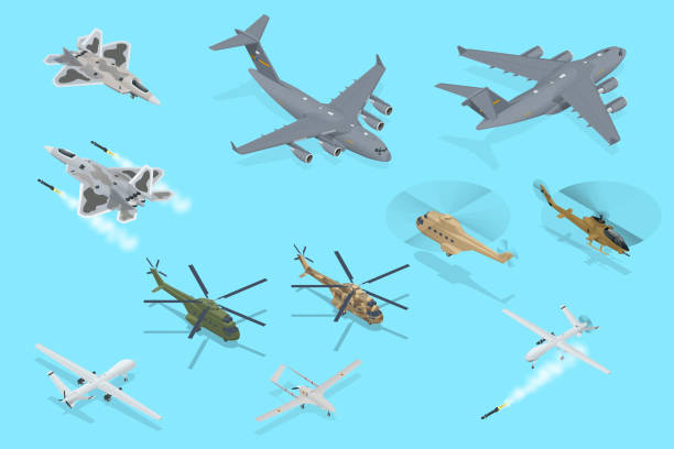 Isometric Military Aviation Air Force Set collection. Modern military jet for heavy cargo. Transport helicopter. Military airplane at flying. Military air transport. Isometric Military Aviation Air Force Set collection. Modern military jet for heavy cargo. Transport helicopter. Military airplane at flying. Military air transport unmanned aerial vehicle stock illustrations