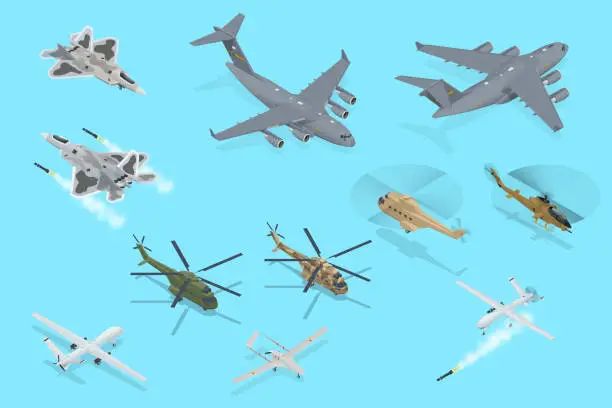 Vector illustration of Isometric Military Aviation Air Force Set collection. Modern military jet for heavy cargo. Transport helicopter. Military airplane at flying. Military air transport.