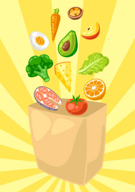 ilustracja paczki z jedzeniem. zdrowe odżywianie i posiłek dietetyczny. owoce, warzywa i białka dla prawidłowego odżywiania. - healthcare and medicine backgrounds eggs animal egg stock illustrations