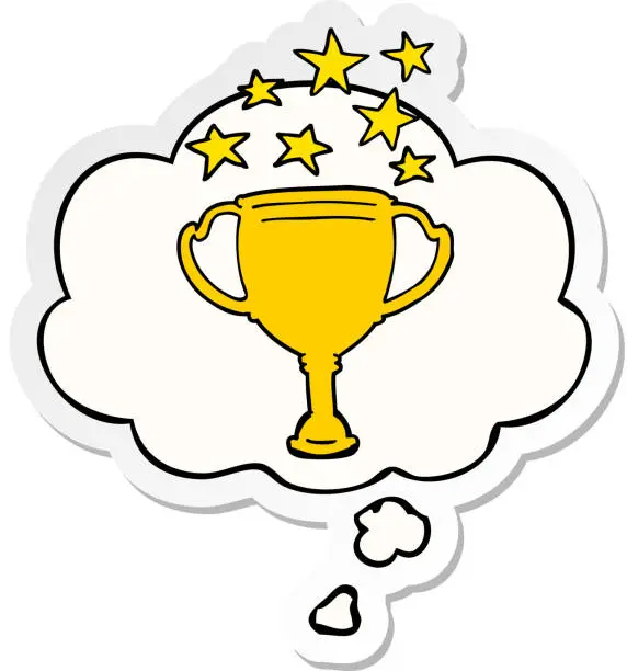 Vector illustration of cartoon sports trophy with thought bubble as a printed sticker