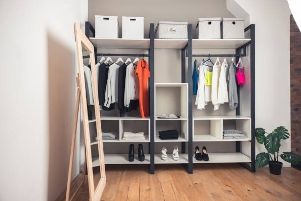 istock Open closet with elegant clothes and shoes 1463483684