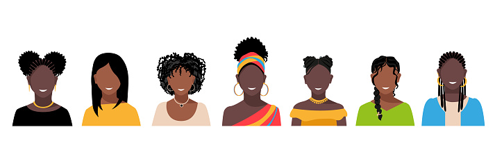 Set of portraits of beautiful black women with different hairstyles. Vector illustration isolated on white background.