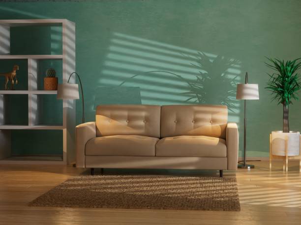 istock beautiful interior. a sofa on the carpet, a flower in a pot and a rack. 3D render 1463488370