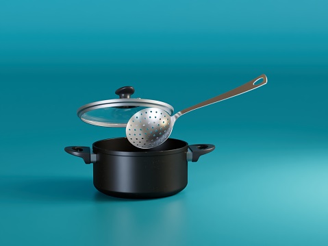 cooking concept. castrol with lid and noisemaker on a turquoise background. 3D render.