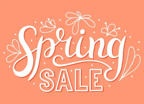 Vector illustration of Spring sale - design hand lettering. Inscription on pink background. Gift card. Vector illustration.