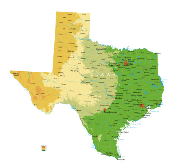 Texas highly detailed physical map Highly detailed physical map of the Texas, in vector format,with all the relief forms,regions and big cities. corpus christi map stock illustrations