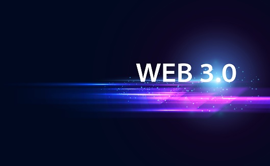 Abstract, Web 3.0 and blockchain link, Technology or Concept to Develop Web speed, Decentralized, Design, Consensus on Blue Background. Modern digital, futuristic