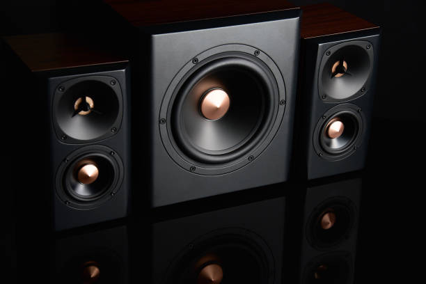 istock Two sound speakers and subwoofer on dark background 1463492159