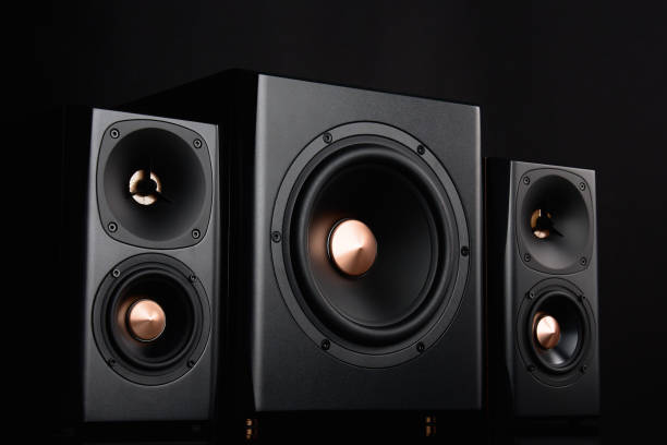 istock Two sound speakers and subwoofer on dark background 1463492163