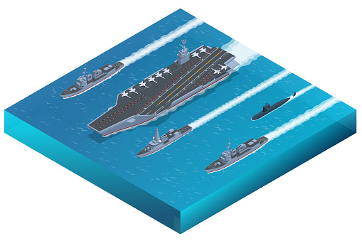 Isometric Carrier battle group. Naval fleet consisting of an aircraft carrier capital ship and its large number of escorts, together defining the group.