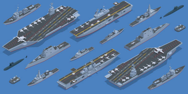 ilustrações de stock, clip art, desenhos animados e ícones de isometric carrier battle group. naval fleet consisting of an aircraft carrier capital ship and its large number of escorts, together defining the group, amphibious assault ship - contratorpedeiro