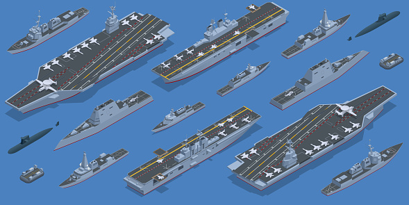 Isometric Carrier battle group. Naval fleet consisting of an aircraft carrier capital ship and its large number of escorts, together defining the group, amphibious assault ship.