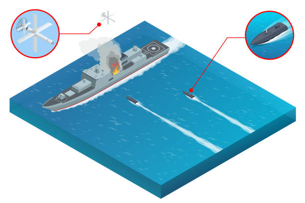 istock Isometric attack of a military naval warship with aerial drones and maritime surface military drones. Military drones can be controlled both manually using onboard television cameras 1463492246
