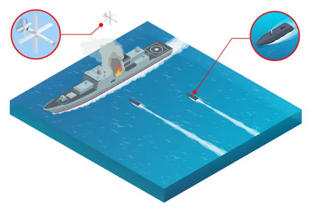 Vector illustration of Isometric attack of a military naval warship with aerial drones and maritime surface military drones. Military drones can be controlled both manually using onboard television cameras