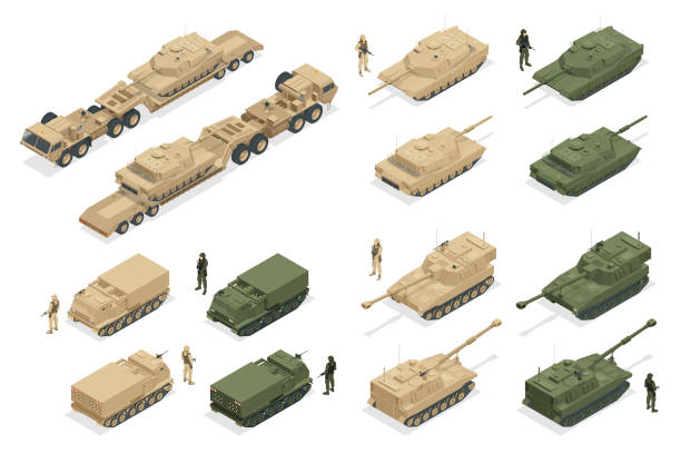 아이소메트릭 군사 전쟁 세트, 다중 발사 로켓 시스템, 장갑, 자체 추진, 다중 로켓 발사기, 미사일, 디젤 엔진 구동 군용 트럭 포병 트랙터 및 흰색으로 격리된 탱크 - mlrs stock illustrations