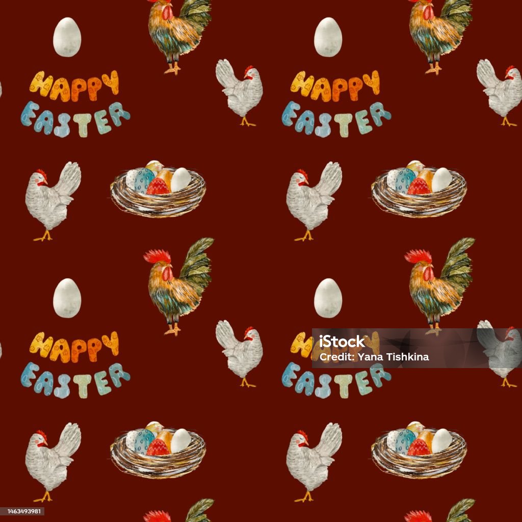 Red Easter Pattern Nest Rooster Chicken Easter Red Pattern Watercolor Stock Illustration ...