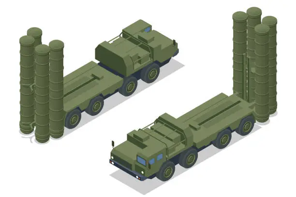 Vector illustration of Isometric S-300, S-400 missile system. Long-range surface-to-air and anti-ballistic missile system. Military vehicle