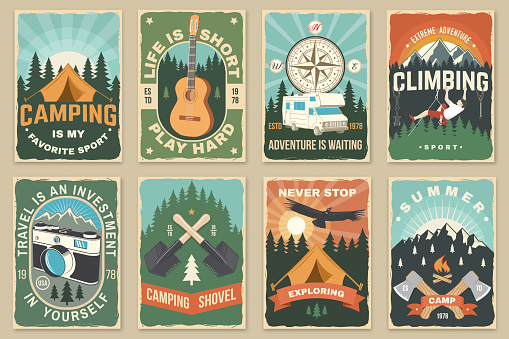 Set of camping poster, banner. Vector illustration. Concept for shirt or logo, print, stamp or tee. Vintage typography design with guitar, camping climber, tent, mountain and forest silhouette