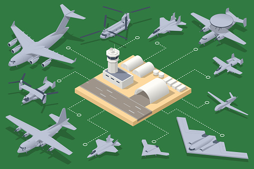 Isometric military fighter jet aircrafts, large military transport aircraft, helicopter gunship, attack helicopter parked. Military air force base army facilities with hangars.