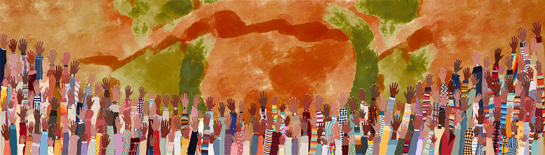 Group of raised hands and arms of many people of African or African American culture. Racial equality concept. Human rights concept. Black history month concept