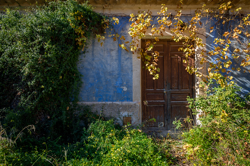 Facade aged by time of an old and traditional house in the orchard of Murcia, with weeds at the entrance, a blue facade and a wooden door with a padlock