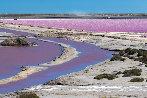 Abstract landscape of pink salt pans at Salin de Giraud saltworks in the Camargue in Provence, South of France