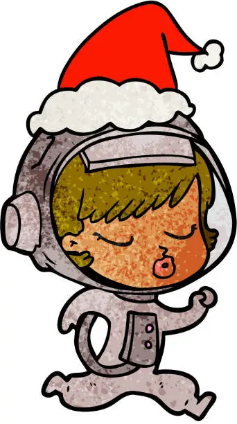 Vector illustration of hand drawn textured cartoon of a pretty astronaut girl running wearing santa hat