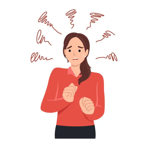 Vector illustration of Young anxious worried woman girl teenager charater looking stressed and nervous. Flat vector illustration isolated on white background