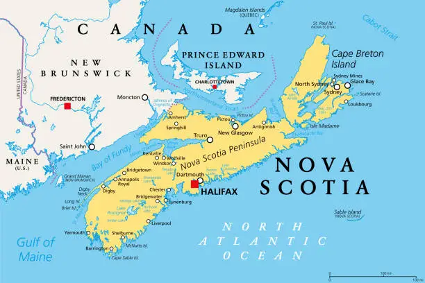Vector illustration of Nova Scotia, Maritime and Atlantic province of Canada, political map