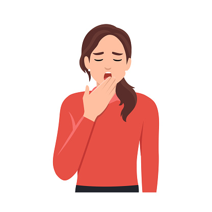 Young woman yawning covering mouth by hand with eyes closed. Flat vector illustration isolated on white background