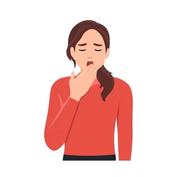 Vector illustration of Young woman yawning covering mouth by hand with eyes closed. Flat vector illustration isolated on white background