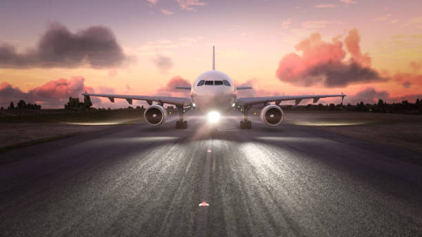 istock Commercial plane flying preparing to take off in amazing sunset 1463506744