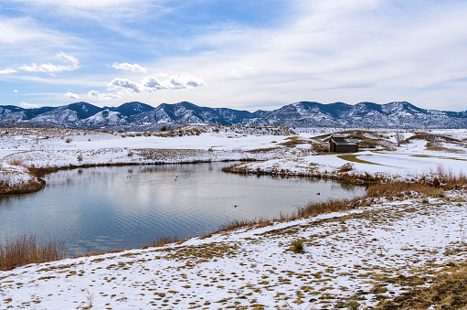 A sunny Winter day view of a quiet mountain pond at Bear Creek Lake Park, Denver-Lakewood-Morrison, Colorado, USA.