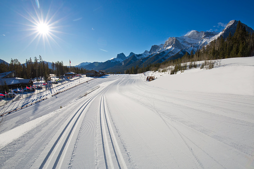 A view of the stadium at the Canmore Nordic Centre Provincial Park in Alberta Canada in the wintertime. The Canmore Nordic Centre was the site for the 1988 Winter Olympic Games for Nordic sports.