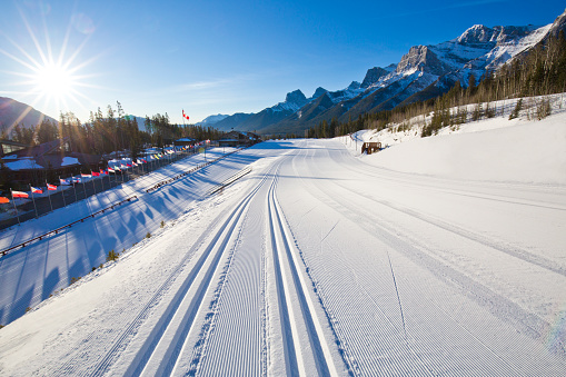 A view of the stadium at the Canmore Nordic Centre Provincial Park in Alberta Canada in the wintertime. The Canmore Nordic Centre was the site for the 1988 Winter Olympic Games for Nordic sports.