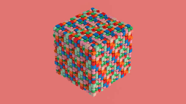 istock Cube with bright colorful geometric shapes. Pink background. Abstract illustration, 3d render. 1463511862