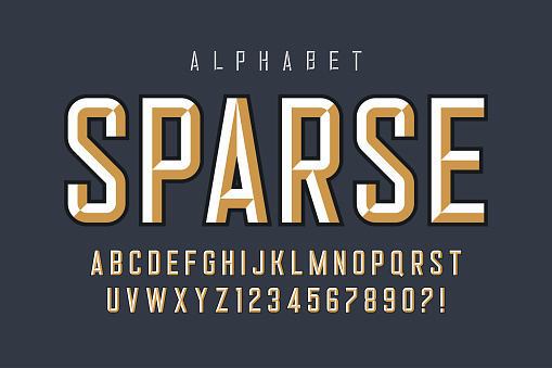 Original display font design, chisel alphabet style, letters and numbers. Vector characters