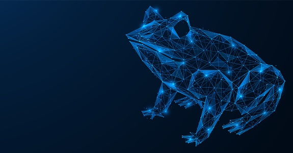 Frog. Futuristic low-poly design of interconnected lines and dots. Blue background.