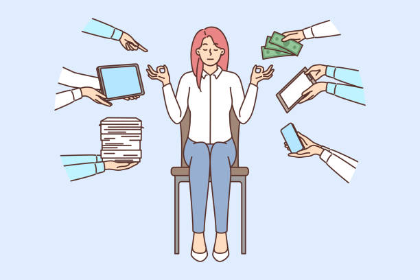 istock Calm businesswoman meditate distracted form office work 1463516262