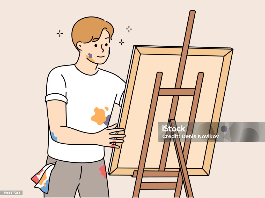 Mladý muž kreslí obrázek na stojanu - Bez autorských poplatků Akrylová malba vektorové obrázky Mladý muž kreslí obrázek na stojanu - Bez autorských poplatků Akrylová malba vektorové obrázky