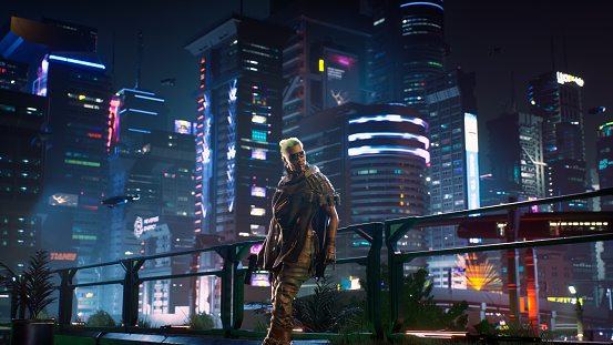 courageous cyberpunk human on the night city. 3d render