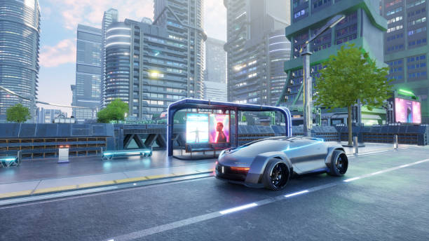 Autonomous electric sport car in smart city, metaverse or cyberpunk conpept, 3d render stock photo