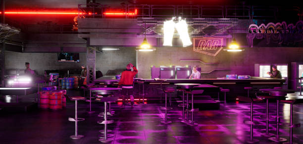 istock Cyberpunk human in nightclub, 3d render 1463518565